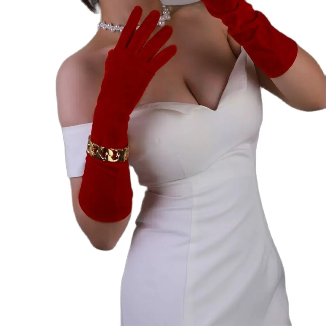 اضافية طويلة 70 سنتيمتر قفازات مخملية حمراء للنساء عالية المرونة سوان المخملية الذهب لمس أوبرا قفازات السهرة WSR25