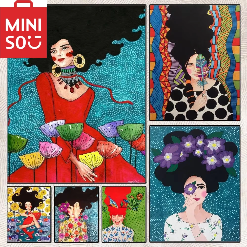 

MINISO DIY Oil Painting By Number Flower Girl Hairstyle Art Home Decoration Wall Living Room Decor Best Gift Frameelss