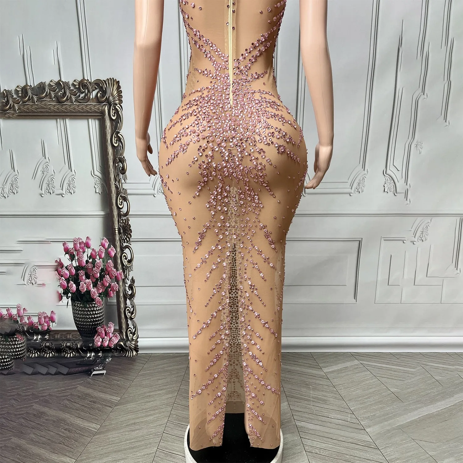 Women luxury Evening Party Prom Gowns Purple Diamonds Stick Mesh Bodycon See Through Special Occassion Birthday Celebrity Dress