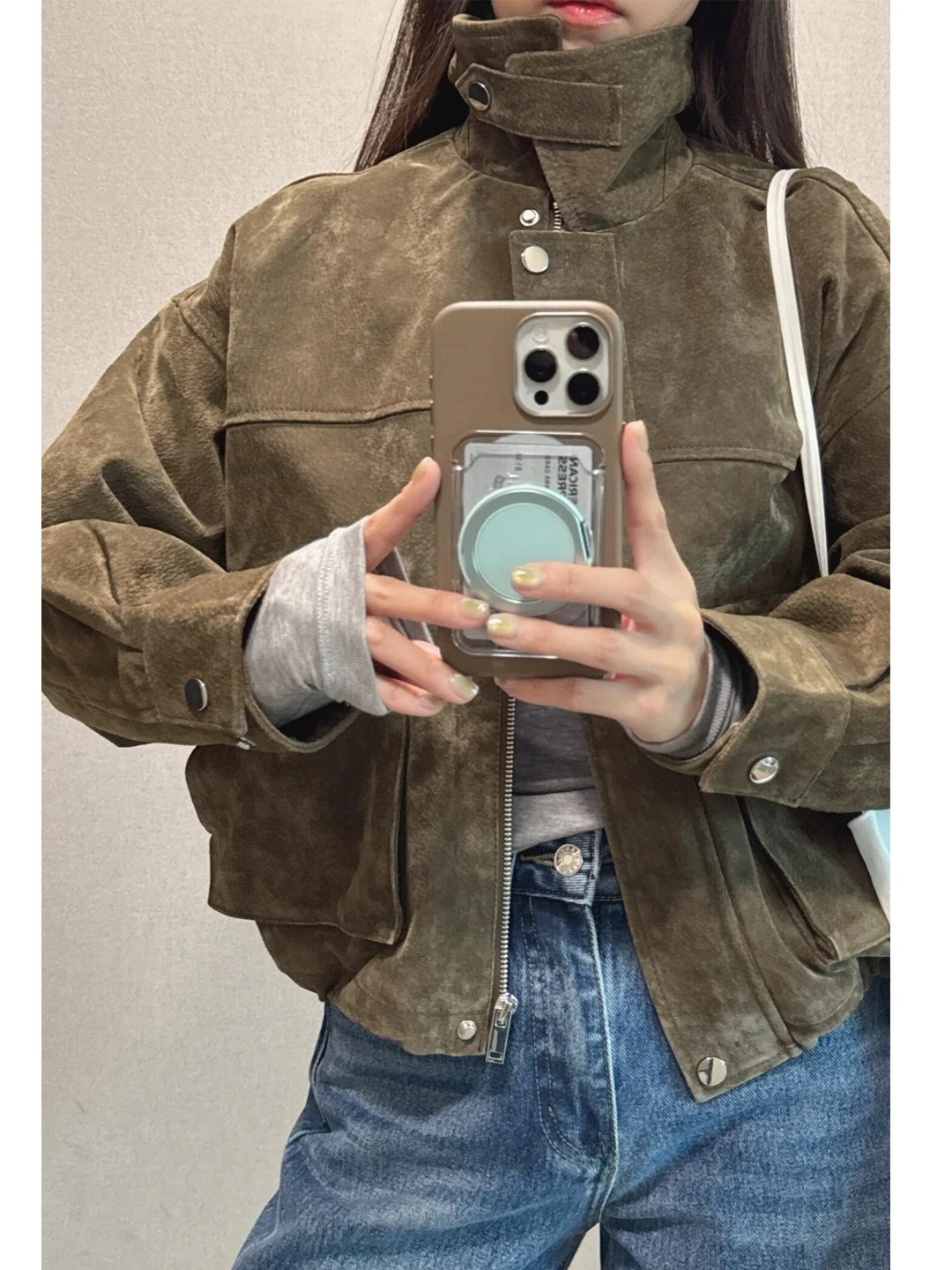 Kaki American Style Suede Short Jacket Pilot Coat Flip Collar Women's Autumn Outerwear Straight Cut Multi Pocket Windproof