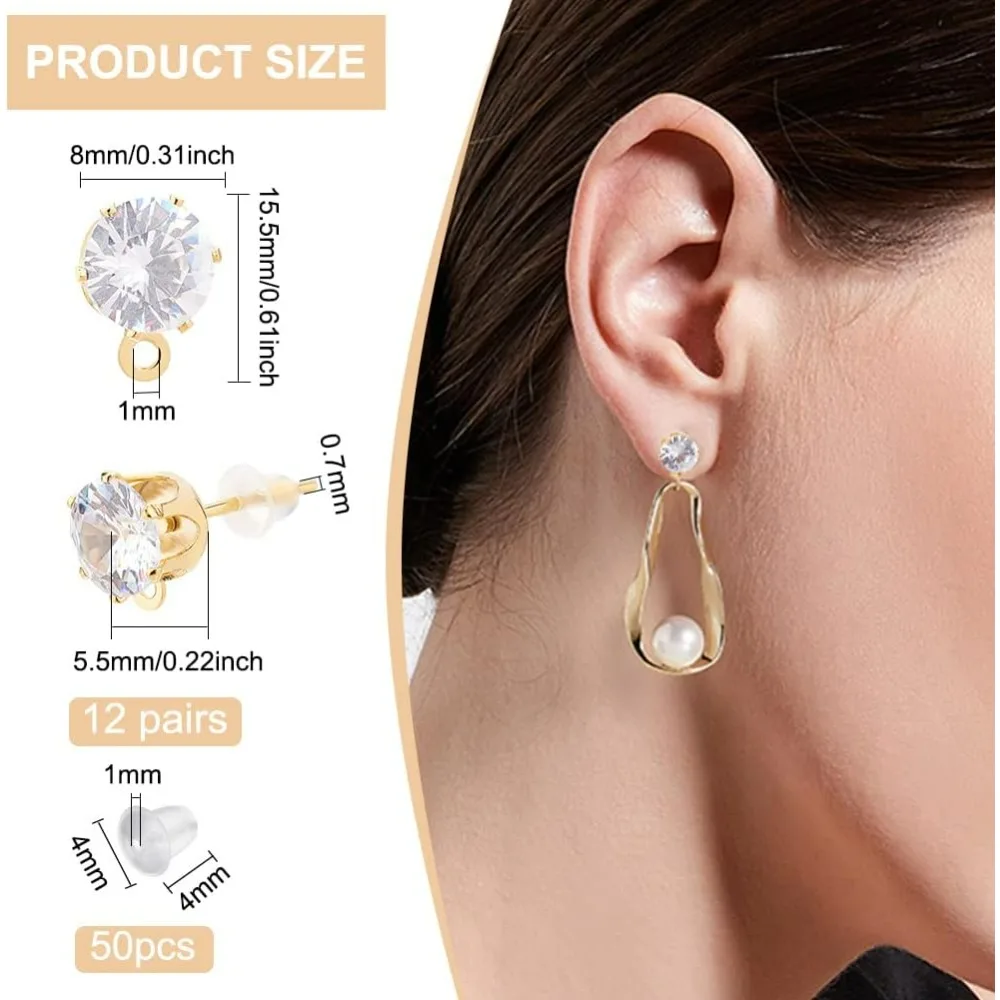 12 Pairs 14K Real Gold Plated Earring Studs Flat Round Brass Cubic Zirconi Stud Earring Findings with 50pcs Ear Nuts for Earring