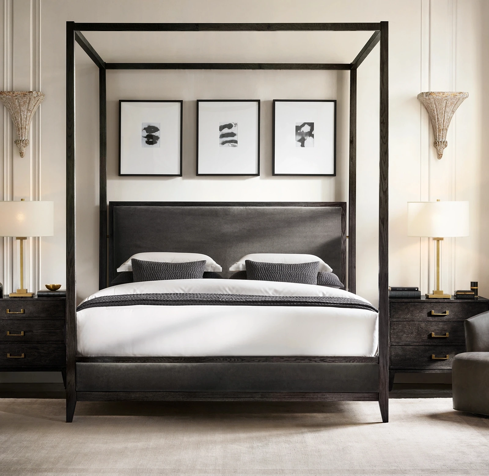 

RH American French Modern Solid Wood Bed Double Retro Pillar Shelf Oak Wedding Bed Homestay 1.8m Curtain Bed