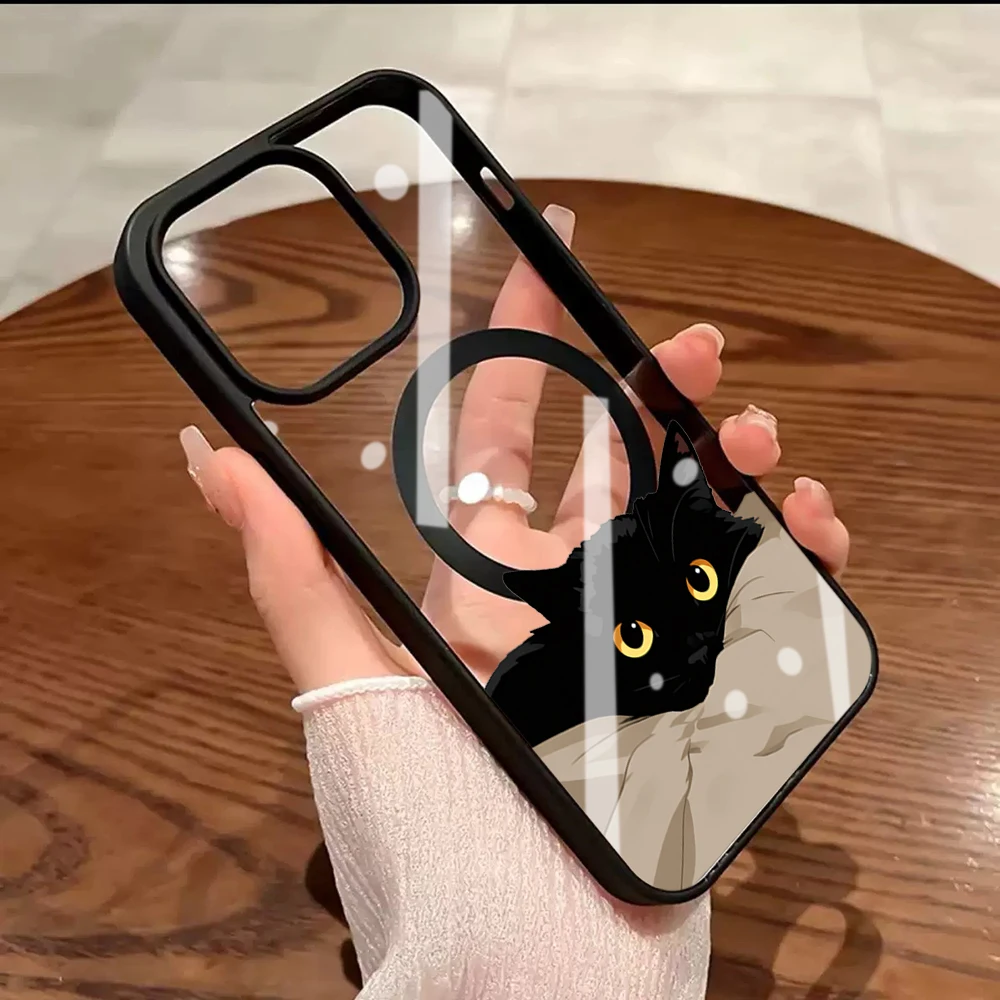 Niedliche Schwarze Katze Ästhetische Transparente Hülle für iPhone 17 16 11 12 15 Pro Max 13 14 Plus Hüllen für Magsafe Kabelloses Laden Drop Cover – Detail 8