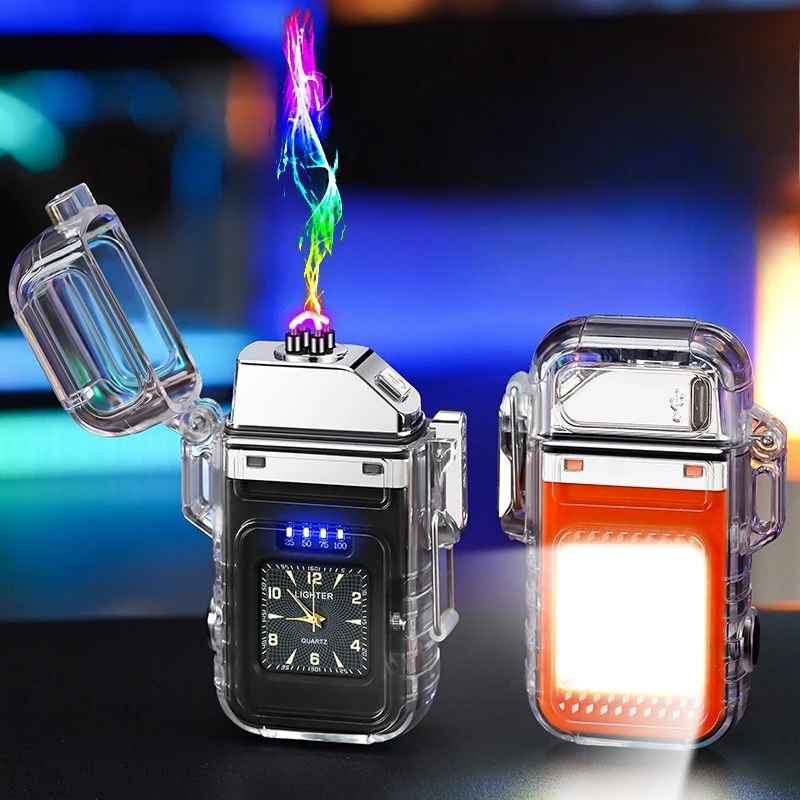 

Новая водонепроницаемая зажигалка с прозрачным циферблатом и двойной дугой, перезаряжаемая прикуриватель с COB, сильный свет, оптовая продажа.