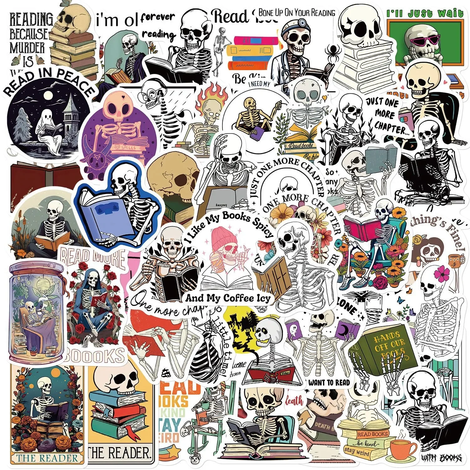 10/50PCS Funny Skull Reading Books Stickers for Notebook Travel Luggage Skateboard Decoration Graffiti Decals Cool Sticker