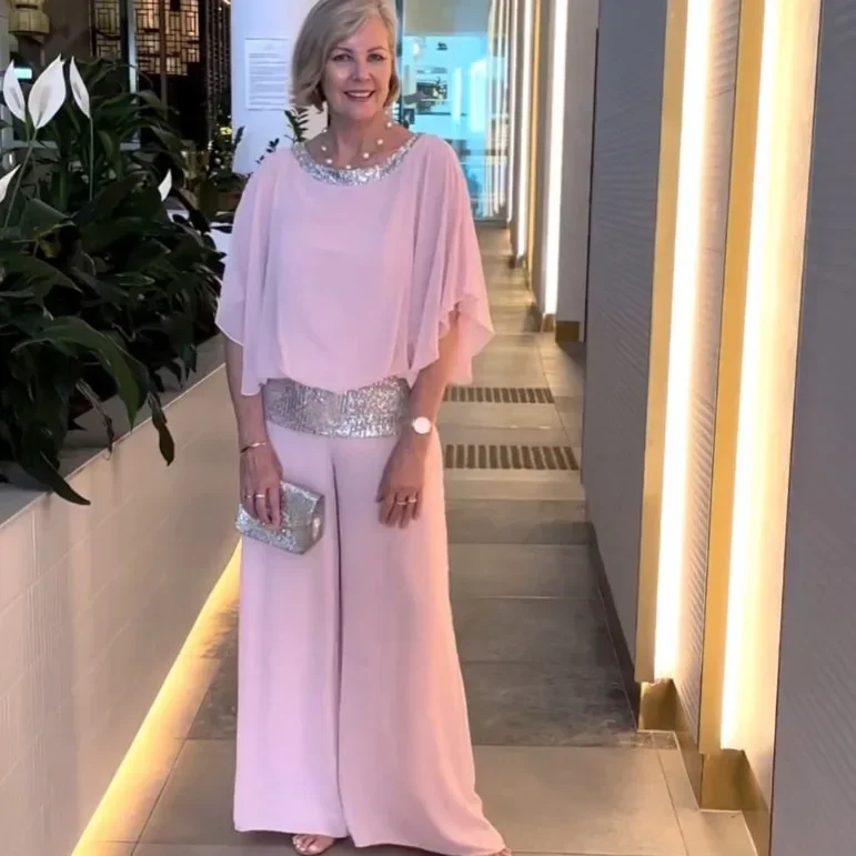 2024 Spring Chiffon Women Suit Elegant Pink Sequined O-neck Top Wide-leg Pants Set Female Summer Fashion Casual Lady 2 Piece Set