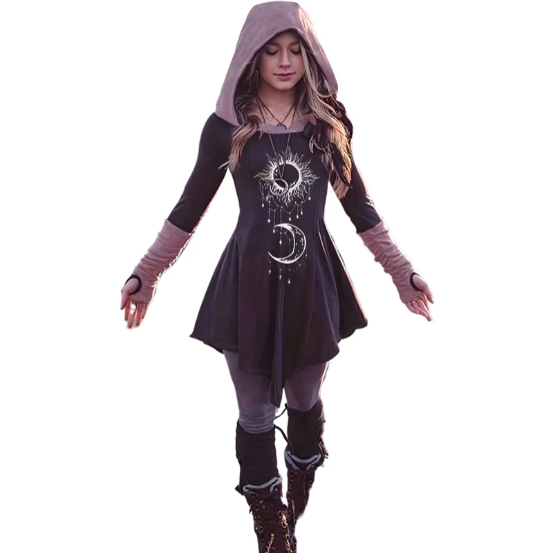 Handkerchief Hem Tunic Dress Boho Casual Hood Spring Autumn Women Vintage Sweater Sweatshirt Pagan Elven Costume Glove Sleeves