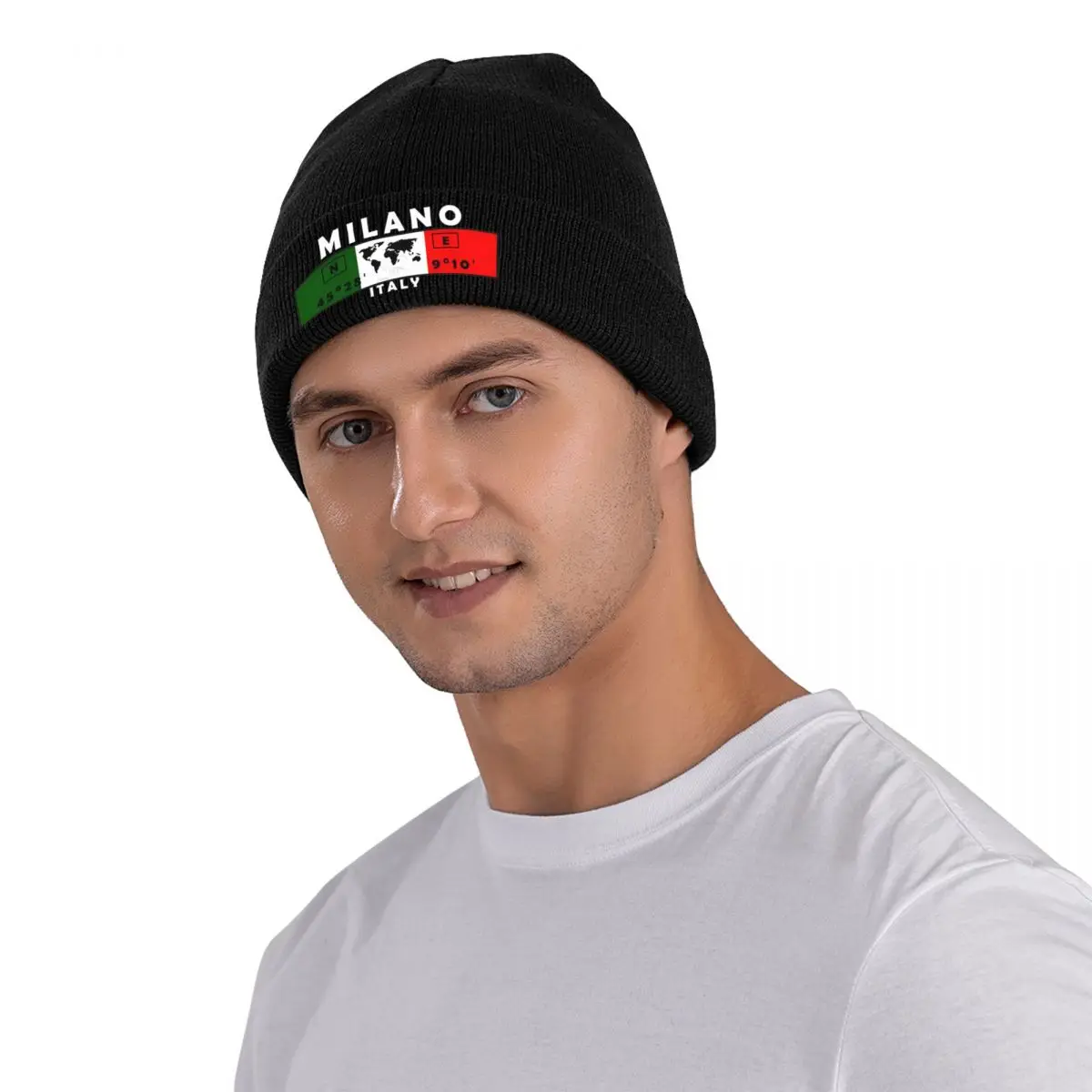 Milano Italy GPS Coordinates Knitted Hat for Women Men Beanie Winter Hat Luxury Brand Casual Cap