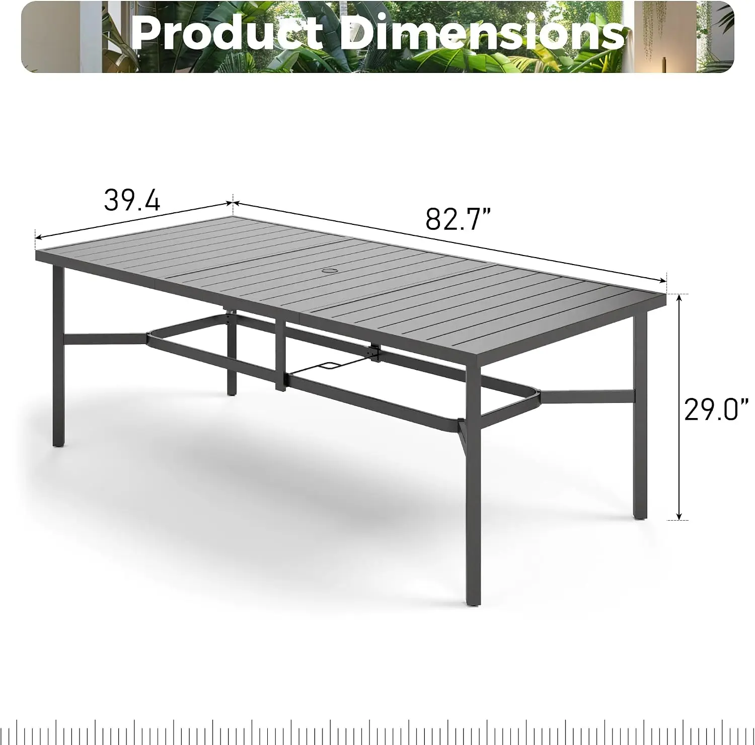 83 Inch Large Rectangle Outdoor Dining Table for 8 People, Black Wrought‑Iron Metal Patio Table with Umbrella Hole, Slatted Weather‑Resistant Tabletop for Patio, Deck, Porch and Backyard