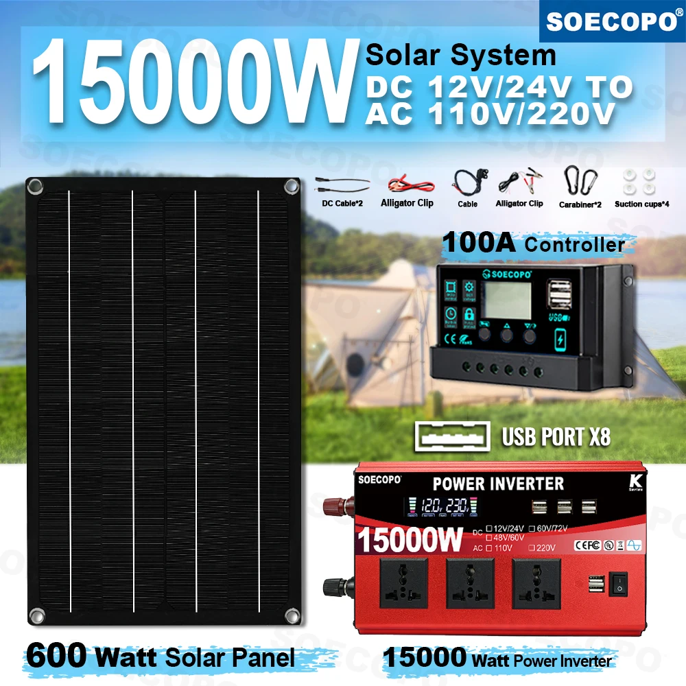 SOECOPO 15000W Full Solar System Complete Kit for Home 600W Panel Inverter (3 Sockets, 8 USBs) 12V/24V 100A Controller Camping