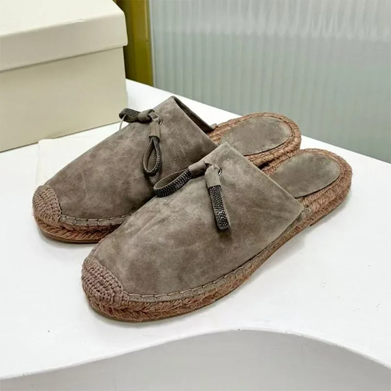 

Suede Leather Slippers Women Fringe String Bead Mules Shoes Women Round Toe Slides Casual Comfort Flat Half Slippers Woman