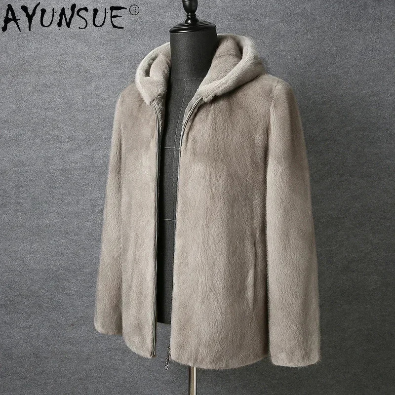 

AYUNSUE Genuine Mink Real Fur Coat Luxury Natural Mink Fur Jackets for Men Hooded Winter Top Mens Fur Coats Chaquetas Hombre