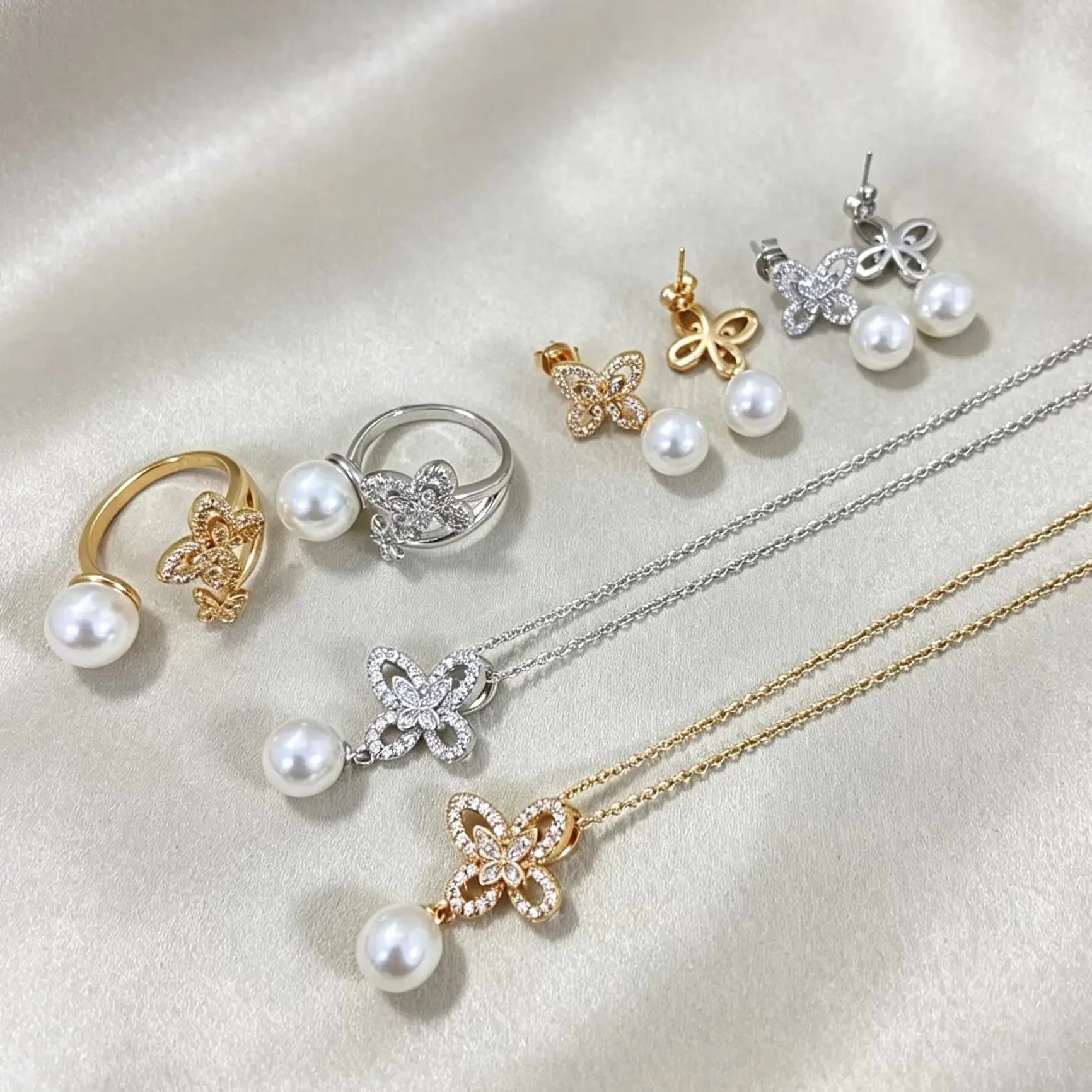 Elegant 925 Silver Butterfly Jewelry Set 5A Zircon Imitation Pearl Women's Necklace Earrings Ring High qualit Wedding Party Gift