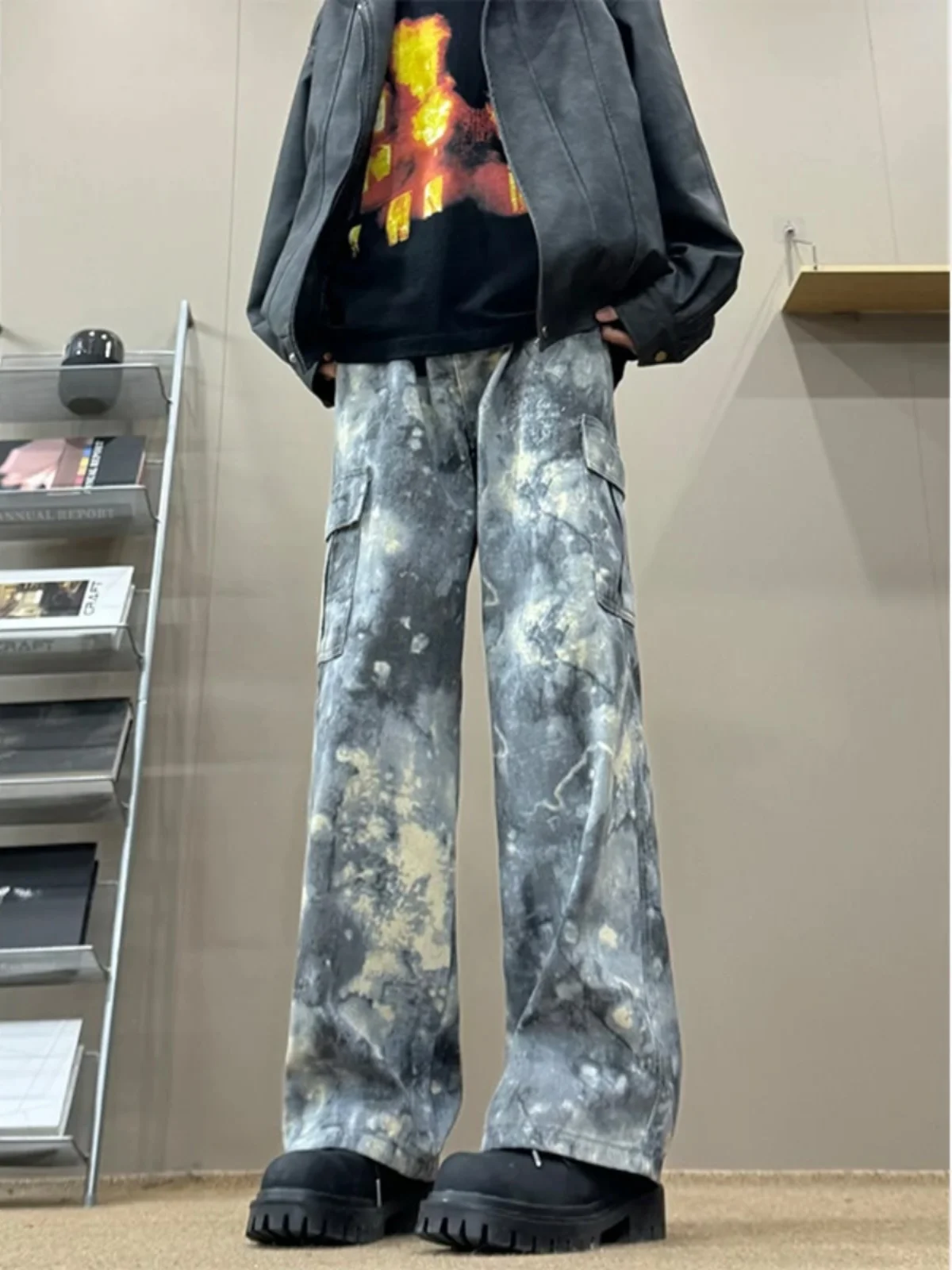 

Men's Workwear Tie Dye Wide Leg Jeans Casual Straight Loose Fit American Retro Sle Spring Autumn Trendy Brand Denim Pants