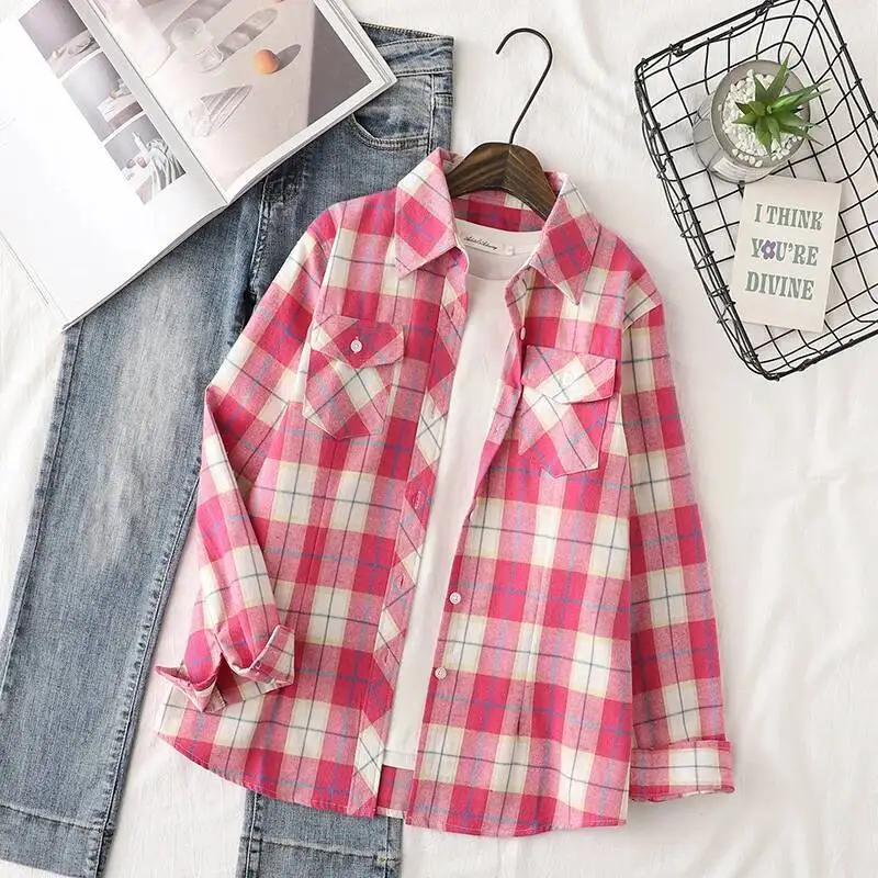 Katoen Flanel Plaid Shirts Vrouwen 2024 Herfst Nieuwe Vrouwelijke Casual Slim Fit Lange Mouw Blouses & Tops Dames Geruite Kleding