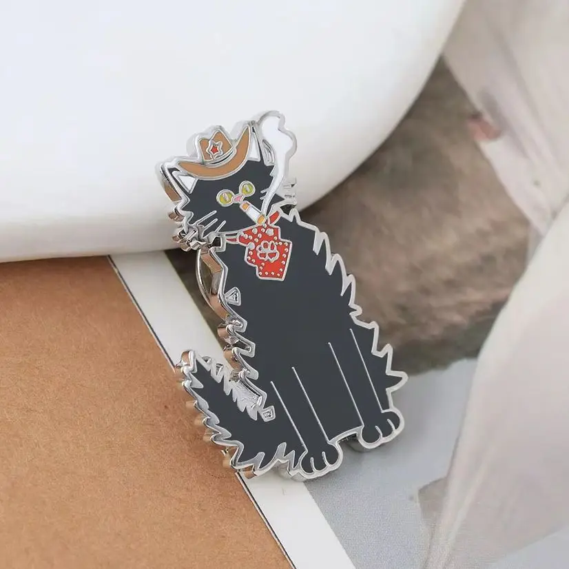 Funny Cowboy Cat Enamel Pin Smoking Black Cat with Red Bandana Brooch Western Retro Animal Badges Meowdy Outlaw Lapel Pins Gift