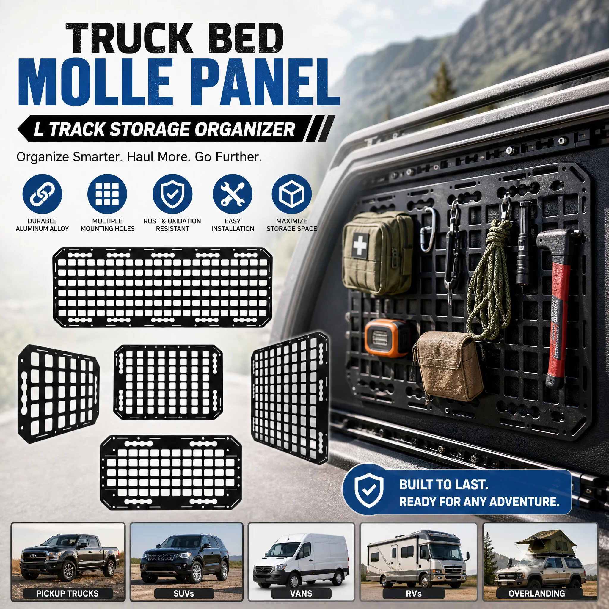 1Pc Truck Bed Molle Panel Rack Alloy L Track Storage Organizer Cargo Storage Molle Panel for Cars SUVs Pickup Van RVs