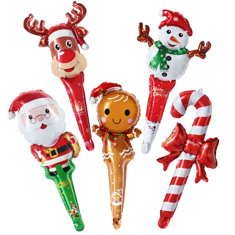 5/10pcs Christmas Foil Balloons Santa Claus Strike Stick Ballon Snowman Candy Cane Christmas Happy New Year Party Decoration