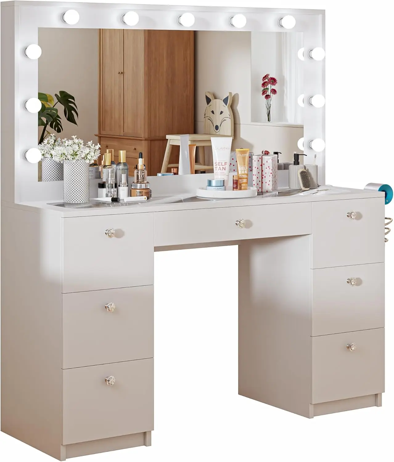 

Boahaus Lyra LARGE Makeup Vanity Desk with Lights Built-in, White Stool, Vanity Set 7 Drawers, White Vanity Mirror with Lights