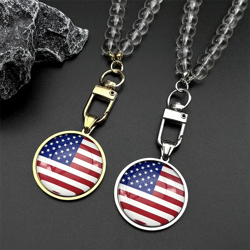 العلم الأمريكي الزجاج وسام الفولاذ المقاوم للصدأ قلادة قلادة للنساء الرجال الذهب اللون نجمة متلألئة راية الخرز سلسلة مجوهرات #4