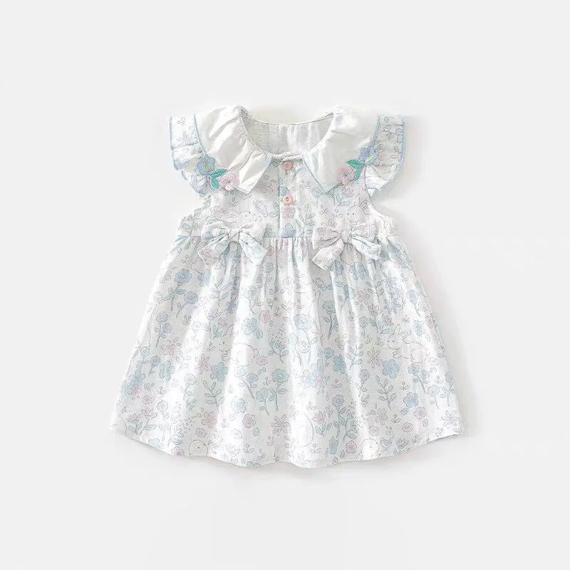 

New Summer Kids Girls Dress Loose Korean Toddler Girls Sleeveless Dress Floral Printed Bow Infant Babys Girls Princess Dress