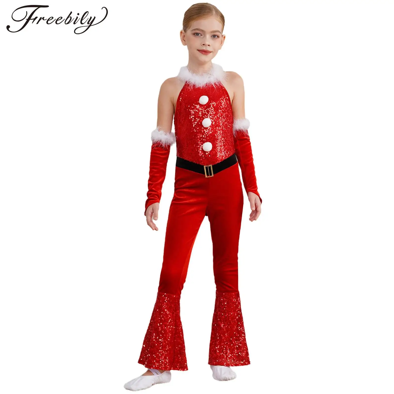 Kids Girls Christmas Velvet Sleeveless Sequins Leotard Jumpsuit Santa Xmas Full Bodysuit Disco Hippy Dance Performance Costume