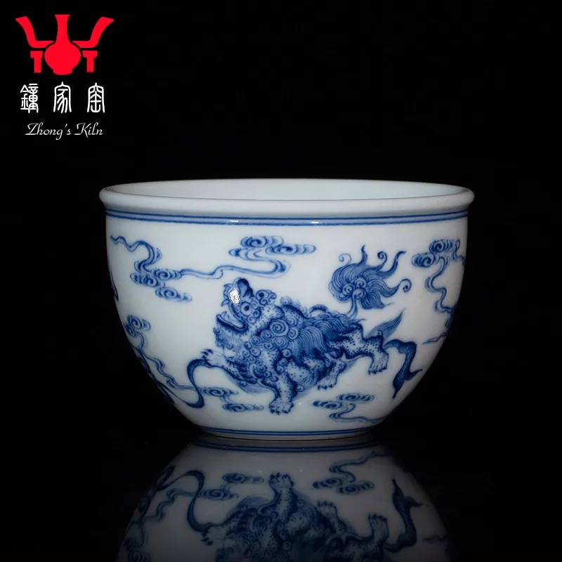 Zhongjia Kiln Tea Cup Master Cup Jingdezhen Blue and White Wood Kiln Lion Roll Hydrangea Ceramic Tea Set Personal Kung Fu Tea Cu