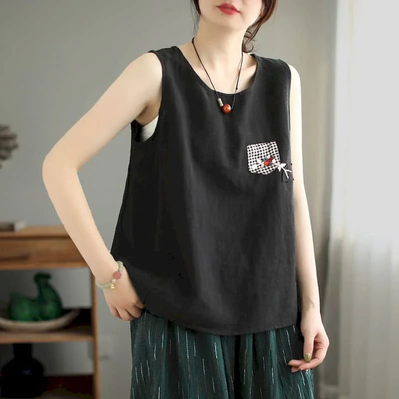 

Literary Vest for Women Summer Minimalism Korean Style Casual Oversized Elegant Tanks O-neck Sleeveless T-shirts Women Clothing