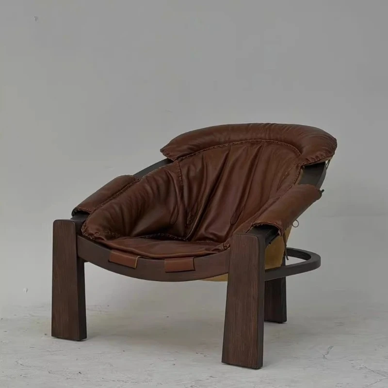 

Medieval solid wood sofa chair designer creative living room balcony bedroom leisure armchair retro single leather