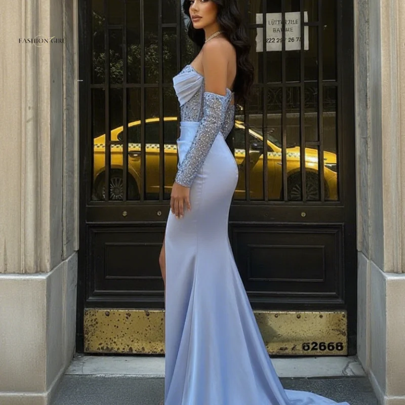 Vestido de noche sin tirantes azul elegante personalizado, corsé de malla con cuentas, vestido de sirena de satén plisado, vestido Formal de fiesta 2025