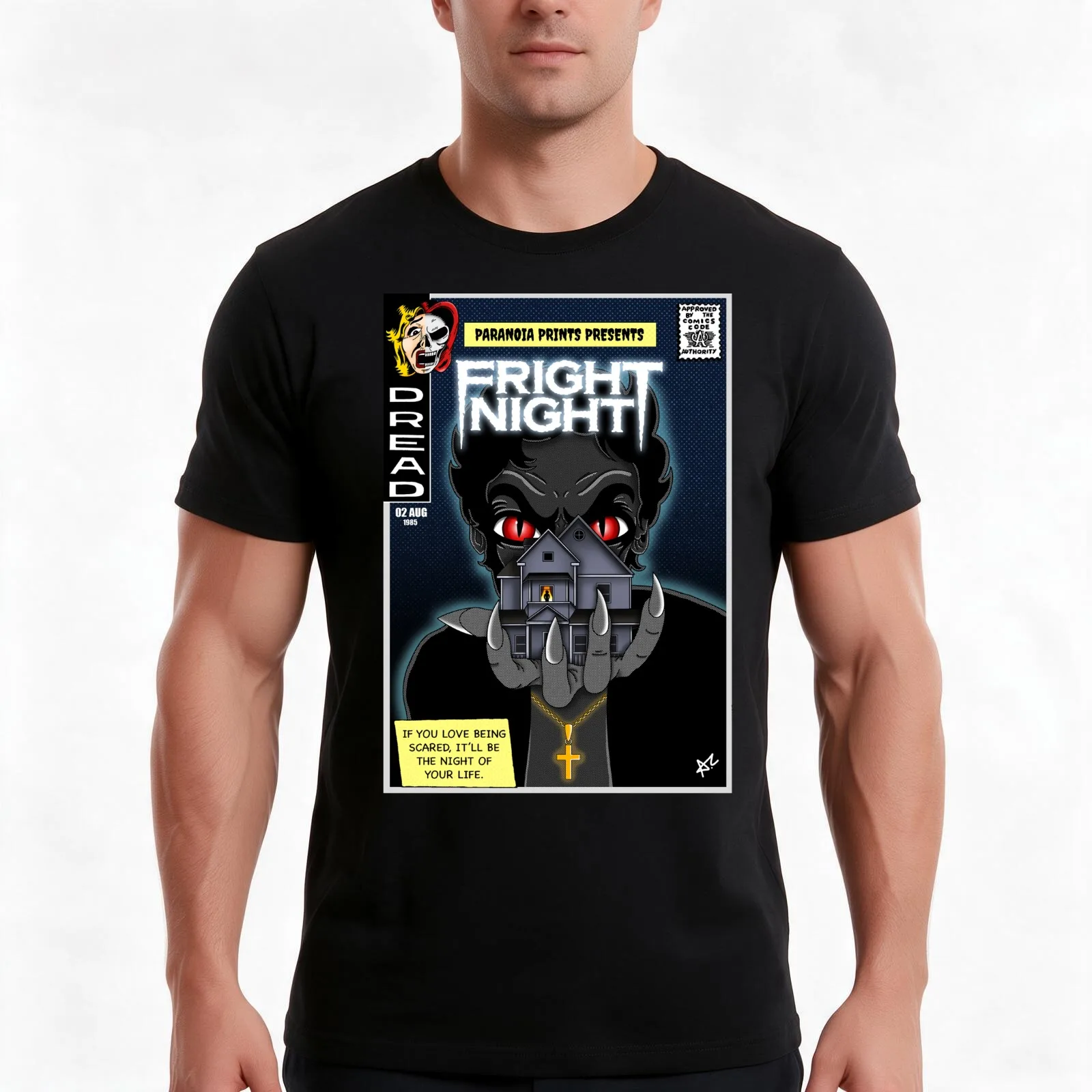 FRIGHT NIGHT Cover T-Shirt, Summer Casual Cotton Tee, Oversized Streetwear Tops, Vintage Graphic Print, Loose Fit Short Sleeve