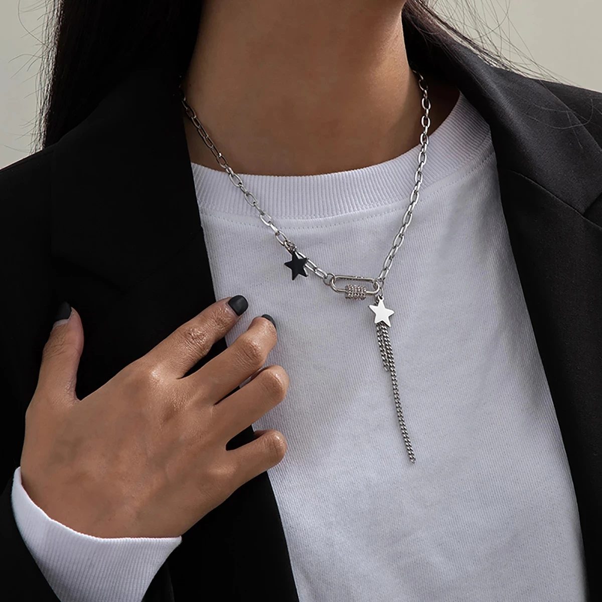 SHIXIN Stainless Steel Chain With Stars/Tassel Pendants Necklace for Women/Men Fashion Rhinestone Necklaces 2020 Korean Jewelry