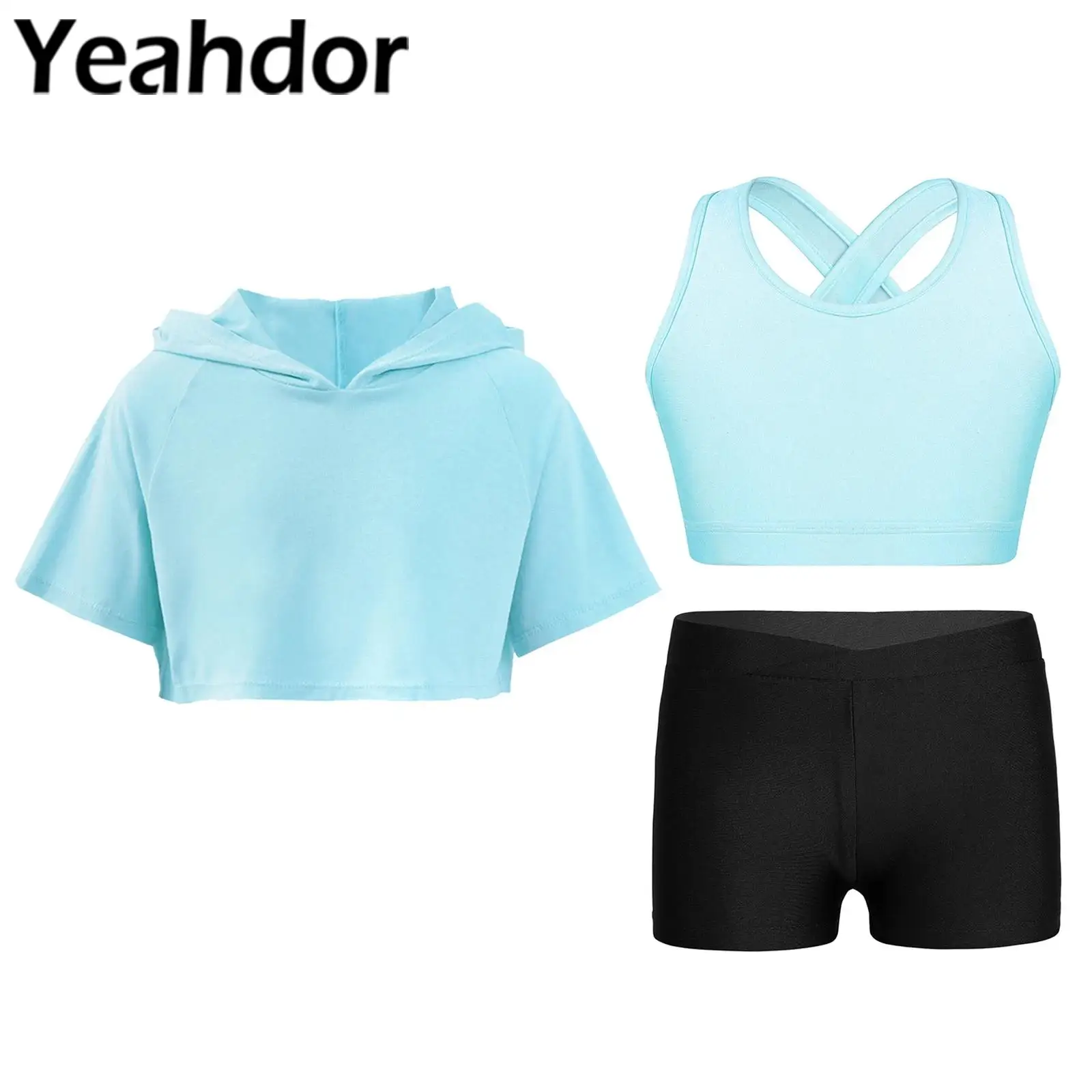 Sports Tracksuit for Kids Girls Gymnastics Workout Sets Sleeveless Cross Back Keyhole Back Vest Hooded Crop Top with Shorts Suit