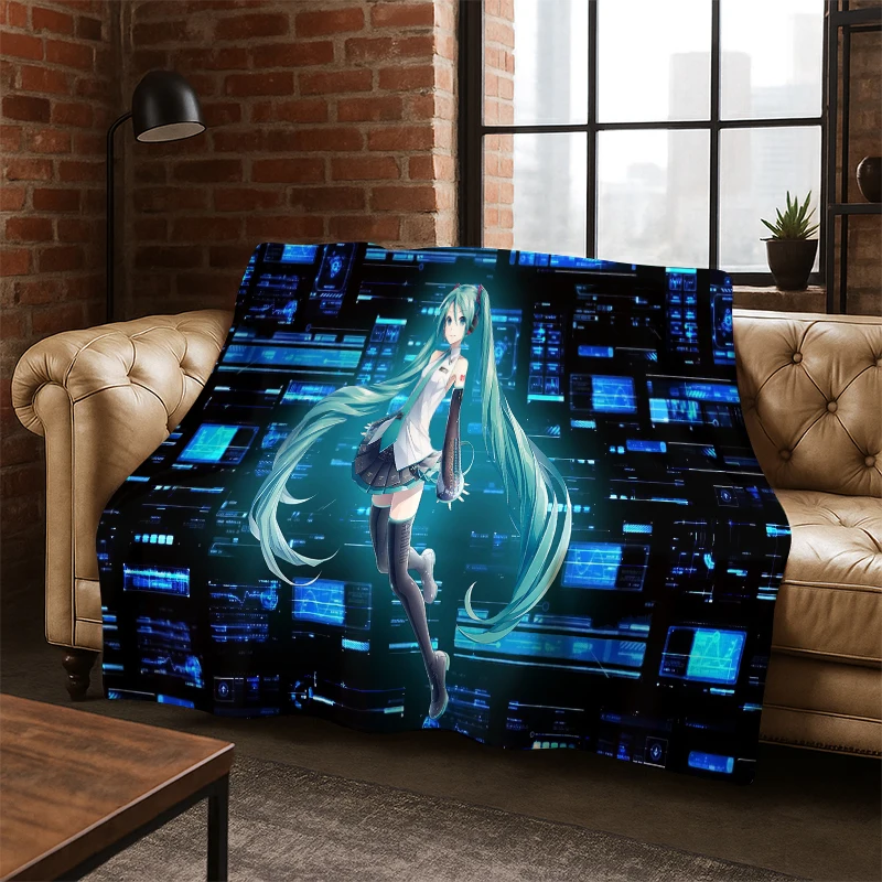 Cartoon M-MIKU Music Girl Flanelldecke, weiche, warme Decke, Überwurfdecke für Schlafzimmer, Wohnzimmer, Bett, Reisen, Picknick, Geschenk für Kinder