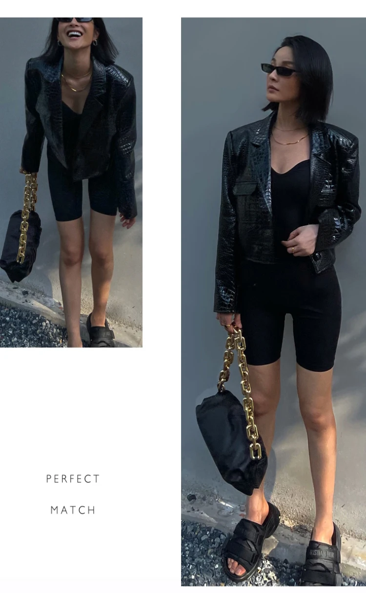 Lautaro Spring Autumn Short Cool Stylish Shiny Reflective Crocodile Print Patent Pu Leather Jacket Women Runway Fashion 2023