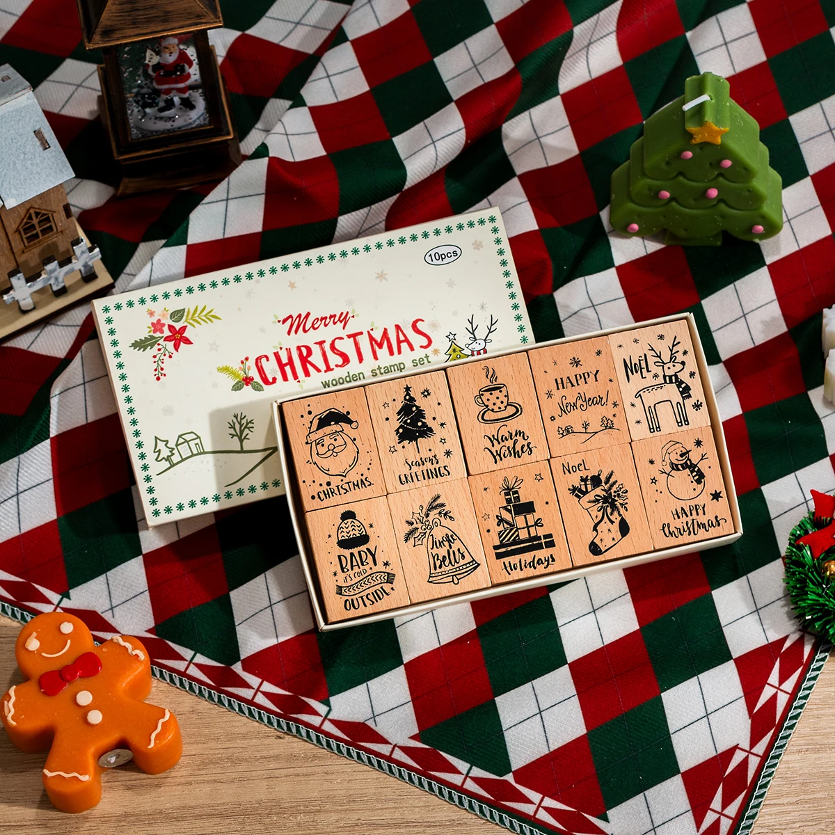 10 Pcs Christmas Wooden Stamps Set Holiday Decorative Stamp Kit with Reindeer Stocking Noel Designs for Journal Scrapbook Card
