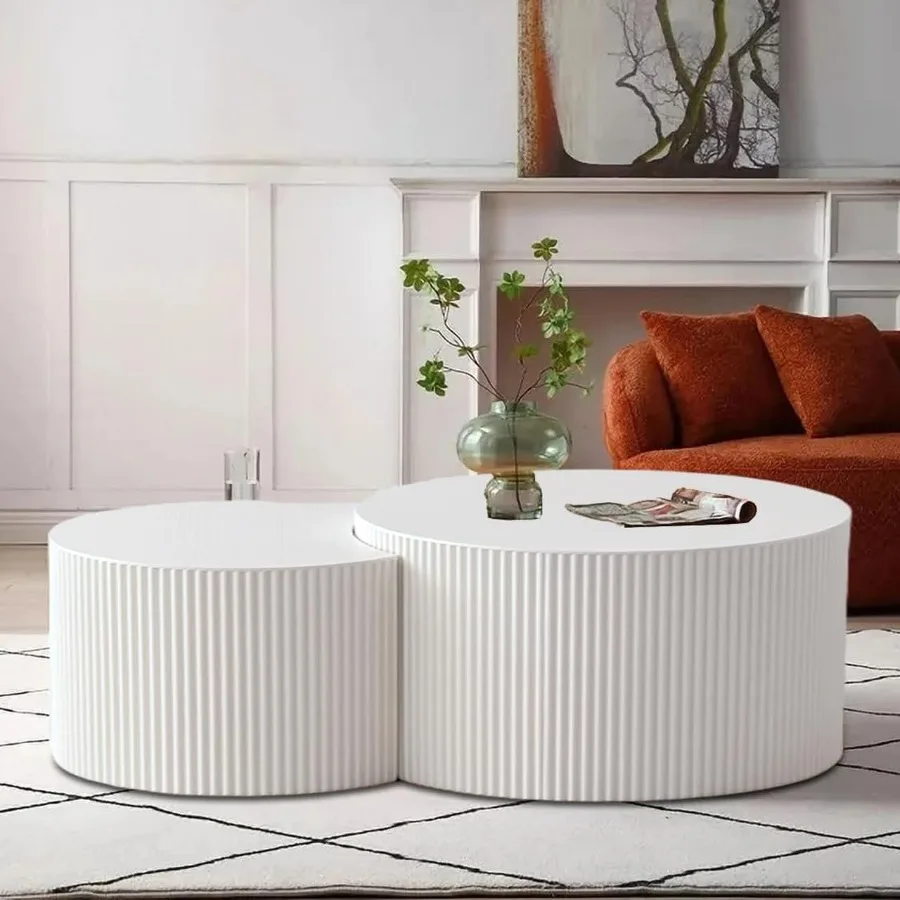 Round Nesting Coffee Table Modern Handcraft Wood Side Table Vertical Stripe Design Drum Coffee Table Accent End Table Embossed
