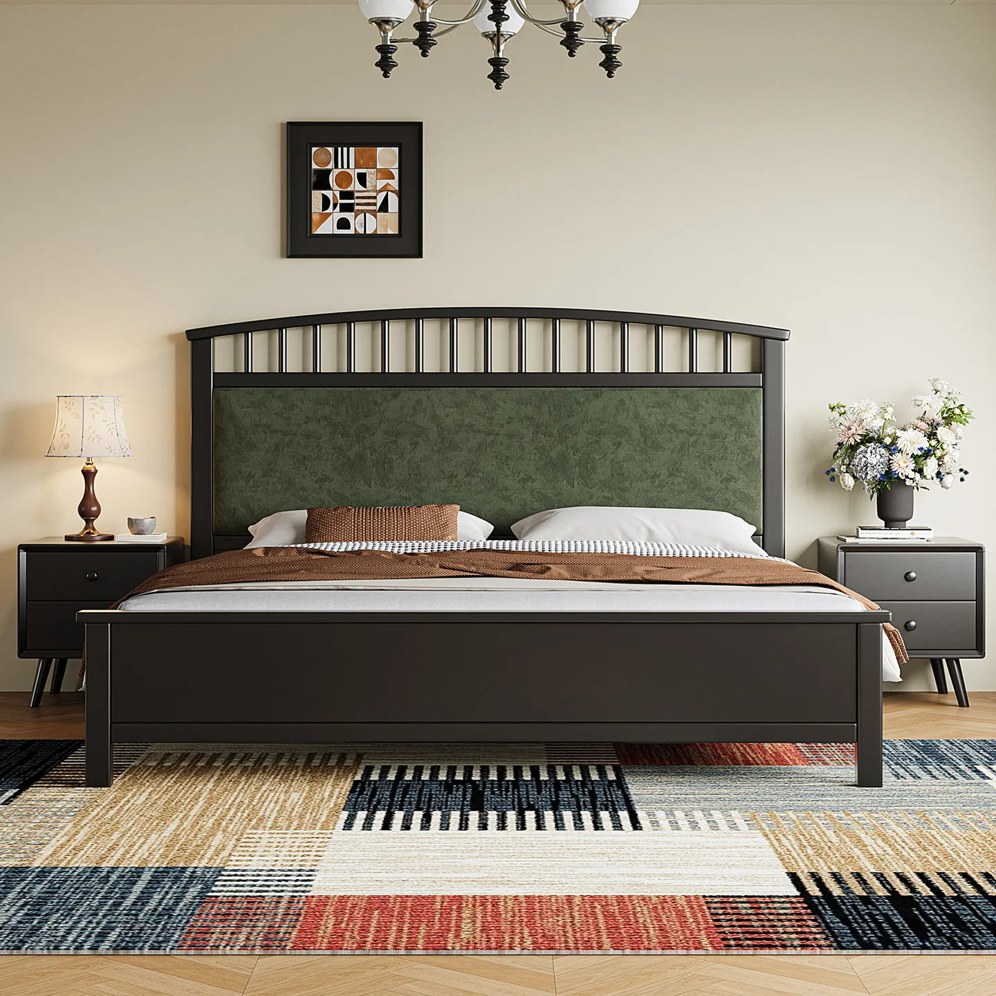 LH retro style solid wood simple bed double soft bed master bedroom furniture