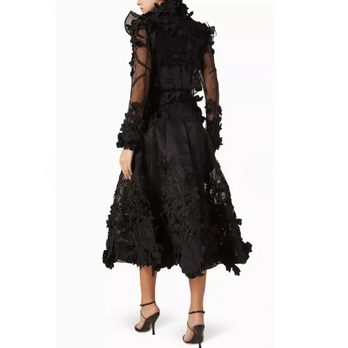 Black Lace Appliques Evening Dress for Women High Neck Long Sleeve Solid Prom Gown Tea Length Elegant Party Dress Customized image 3