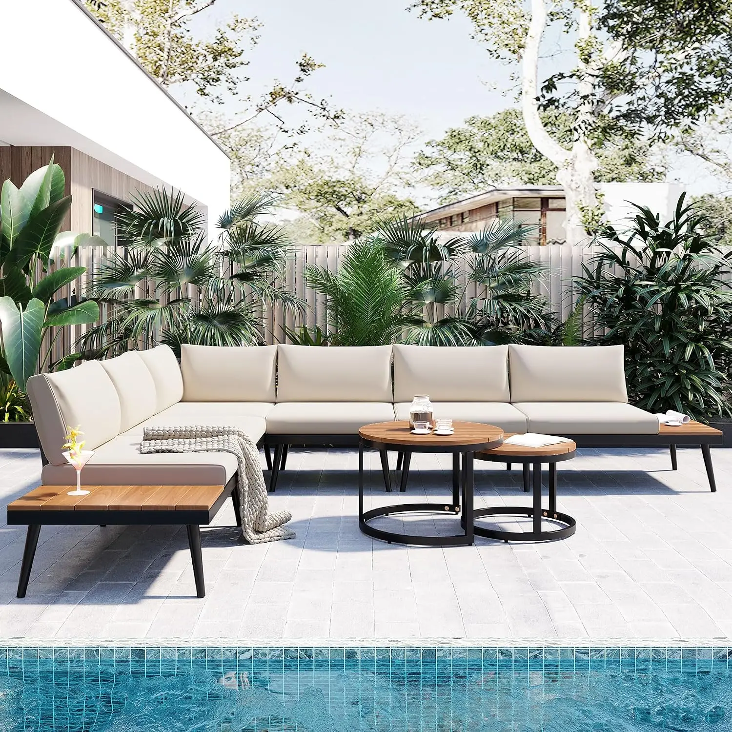 4 Piece Outdoor Sectional Sofa Set Nesting Coffee Table Cushion Acacia Wood L Shaped Corner Patio Conversation Built In Side Tab