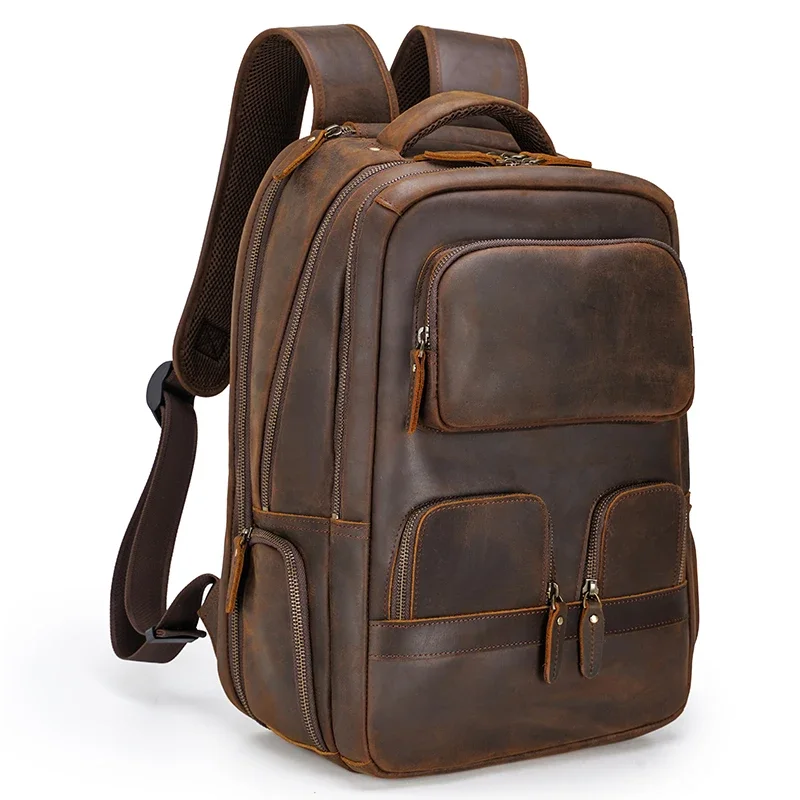 Custom LOGO Vintage Pure Cowhide Laptop Back Pack Bag With USB Charging Port Men Full Grain Genuine Cow Real Leather Backpack