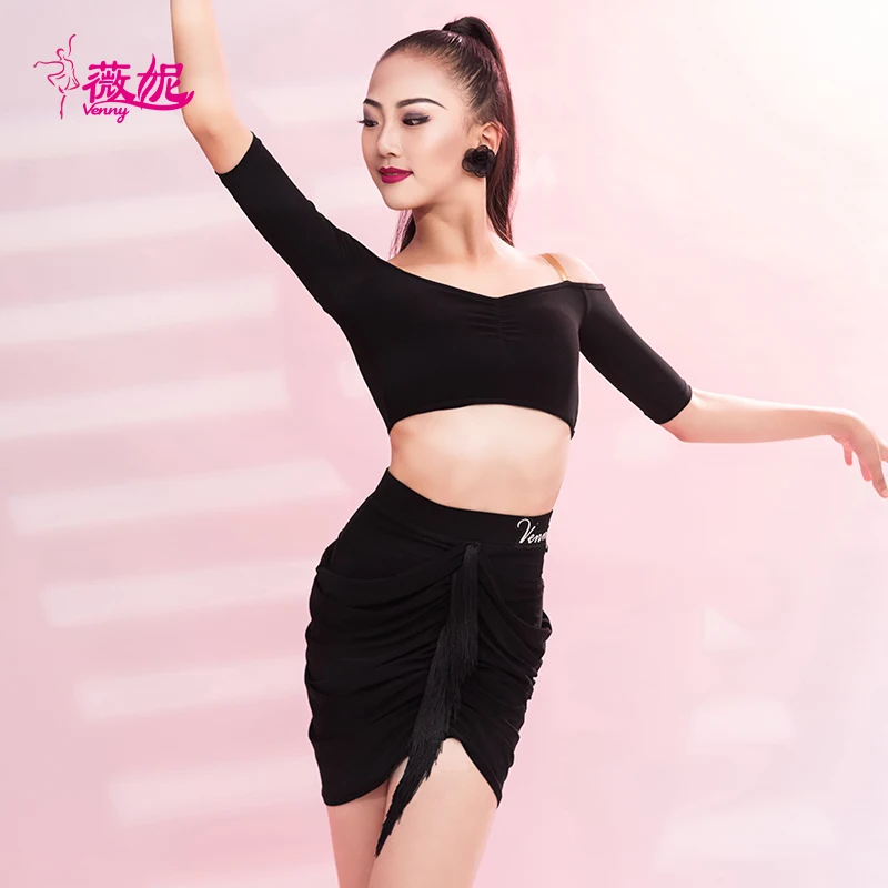 ชุดเต้นลาตินเวนนี่สไตล์สำหรับเด็กหญิงและผู้หญิง แขนสั้น กระโปรงชายครุย 2 ชิ้น ชุดฝึกซ้อมมาตรฐานมืออาชีพ