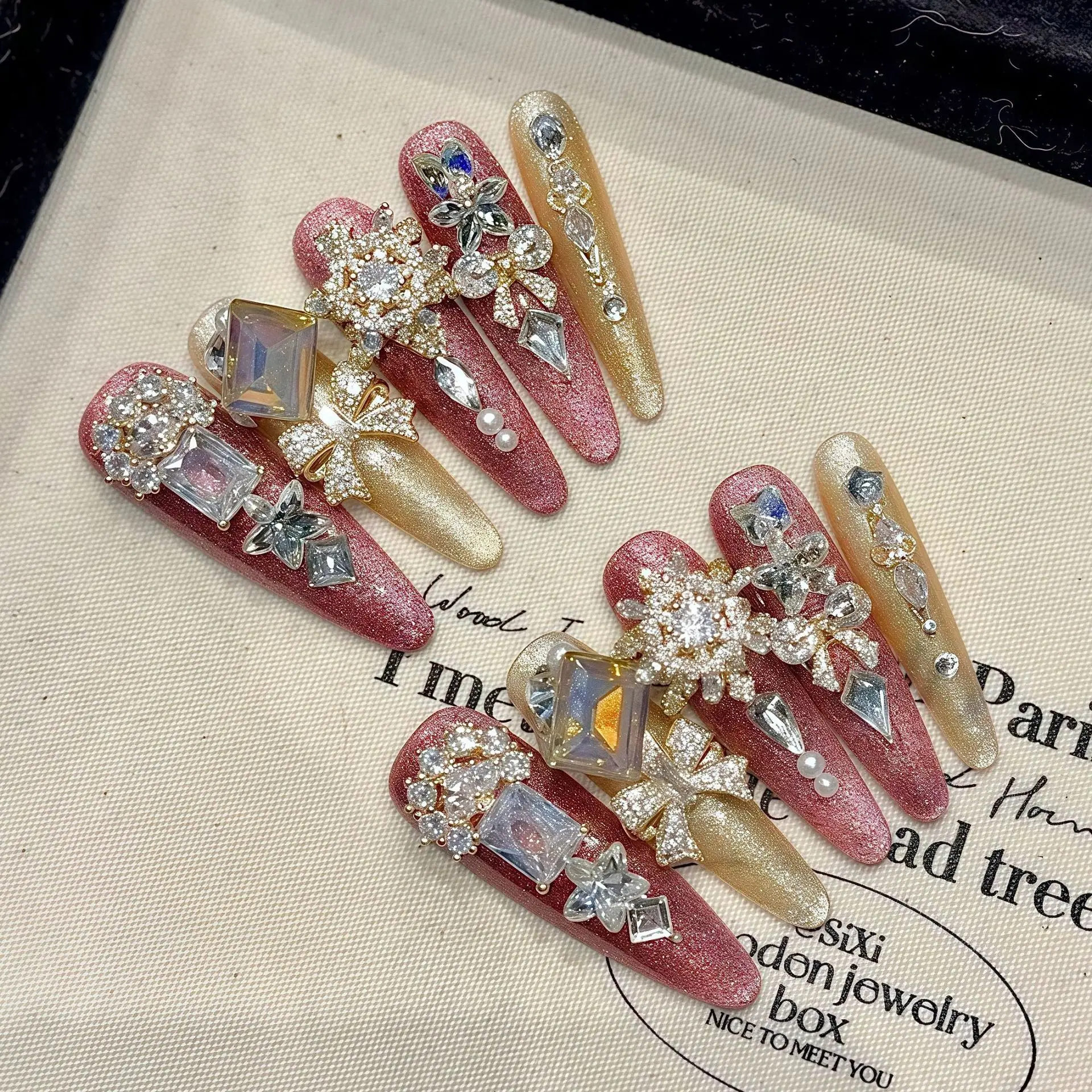 10 stuks handgemaakte pers op nagels licht luxe volledige flits strass Y2k stijl kunstnagels glanzend roze goud lange amandel nep nagel