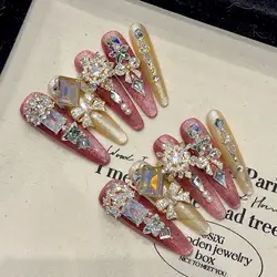 10pcs Handmade Press On Nails Light Luxury Full Flash Rhinestone Y2k Style False Nails Shiny Pink Gold Long Almond Fake Nail