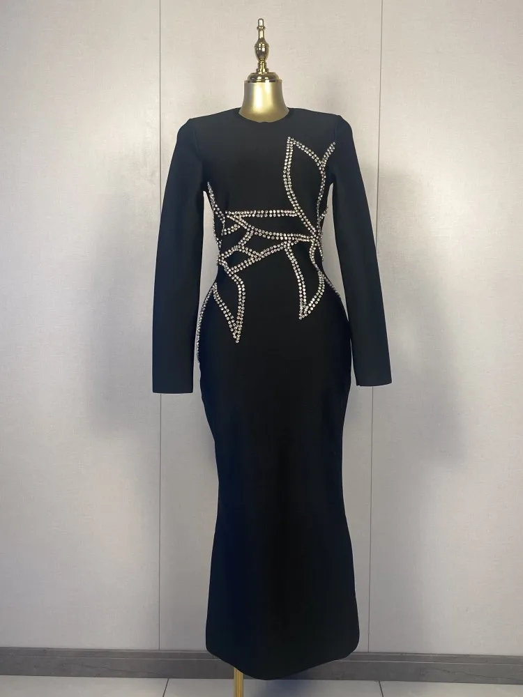 

New Women Sexy Long Sleeve Beading Flowers Black Midi Bodycon Dress 2025 Elegant Evening Club Luxury Birthday Party Dresses