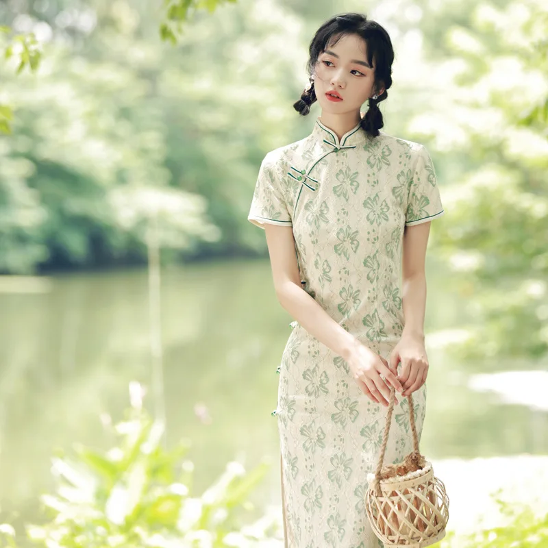 

Green Lace Cheongsam Short Sleeve Chinese Traditional Vintage Dress Women Costumes Slim Elegant Qipao S To XXL