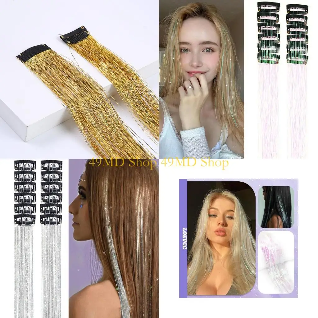 

49MD 12Pcs/set Clip in Hair Tinsel Extensions 20 Inches Long Multicolor for Quick Application No Tangling Party Accessories