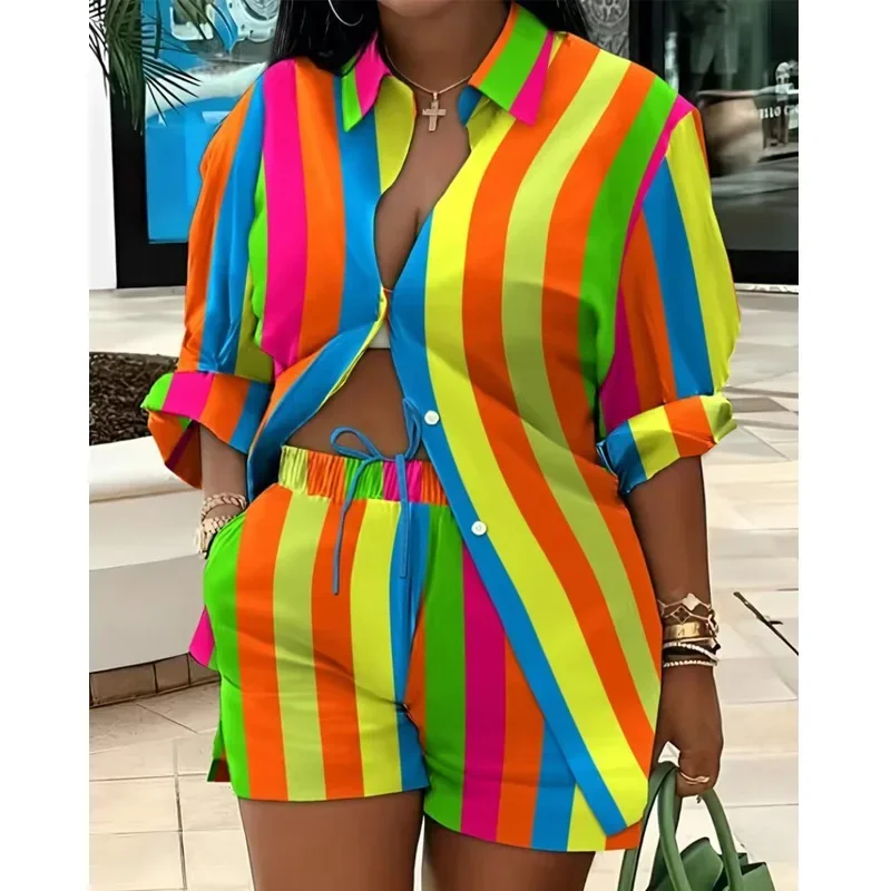 Fashion Colorful Striped Printed Two Piece Set Women Outfit Suit Casual Summer Button Up Long Sleeve Shirt and Shorts Set