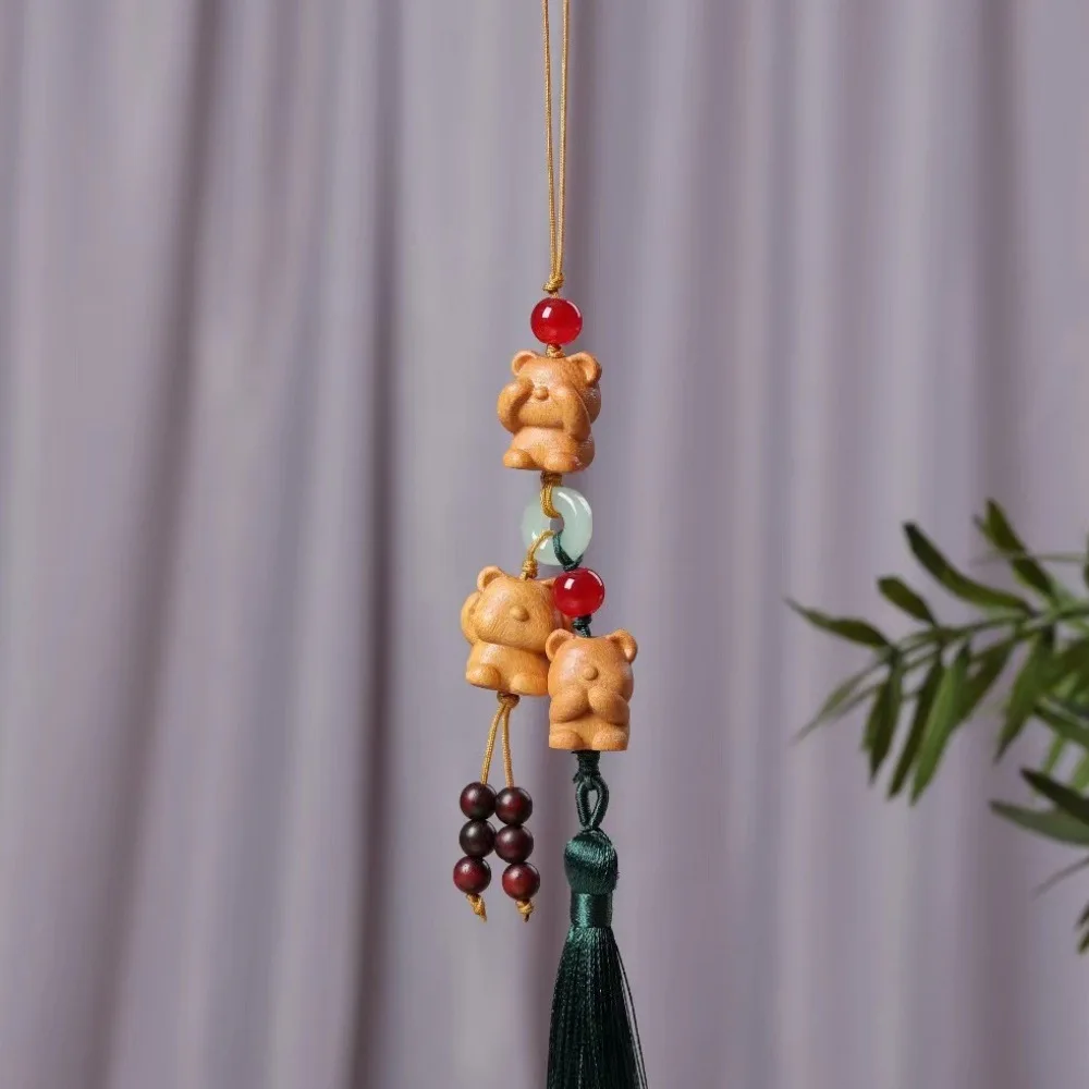 Sandalwood Zhakilamu Four‑No Pendant Chinese Style Phone Chain Tassel Hanging Ornament For Men Women Bag Car Zen Craft Gift