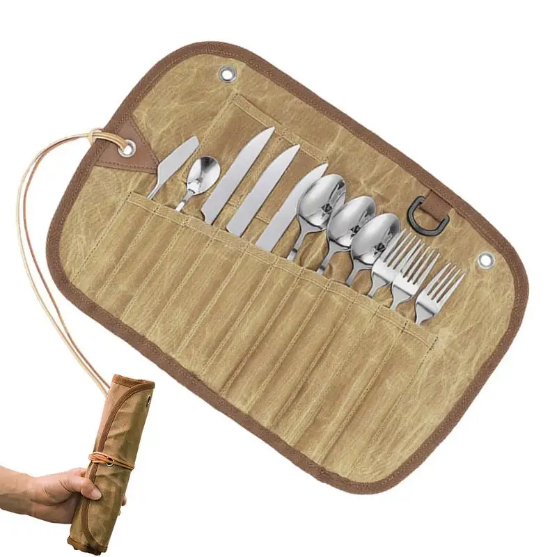 

Travel Utensils 12pcs 3-person Stainless Tableware Portable Dinnerware A Roll Bag Travel Camping Picnic Flatware Wood Handle